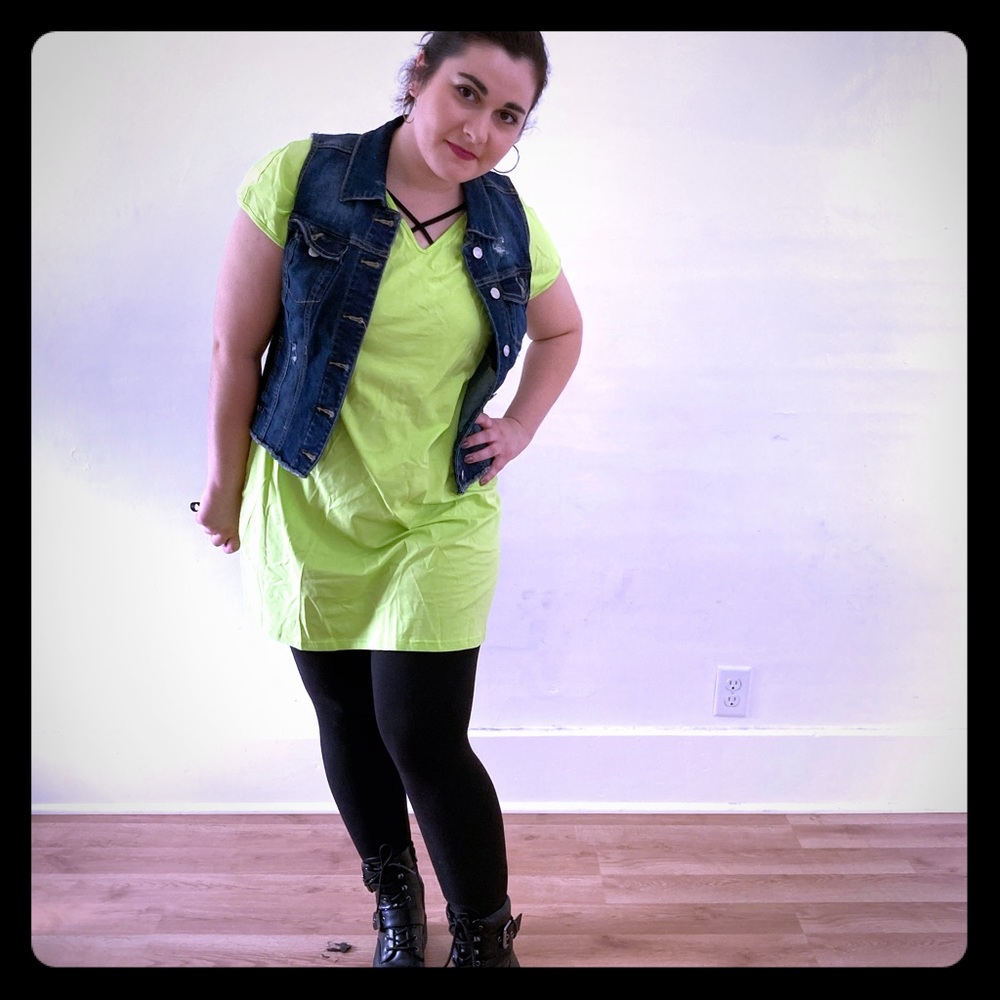 Lime green T-shirt dress.
